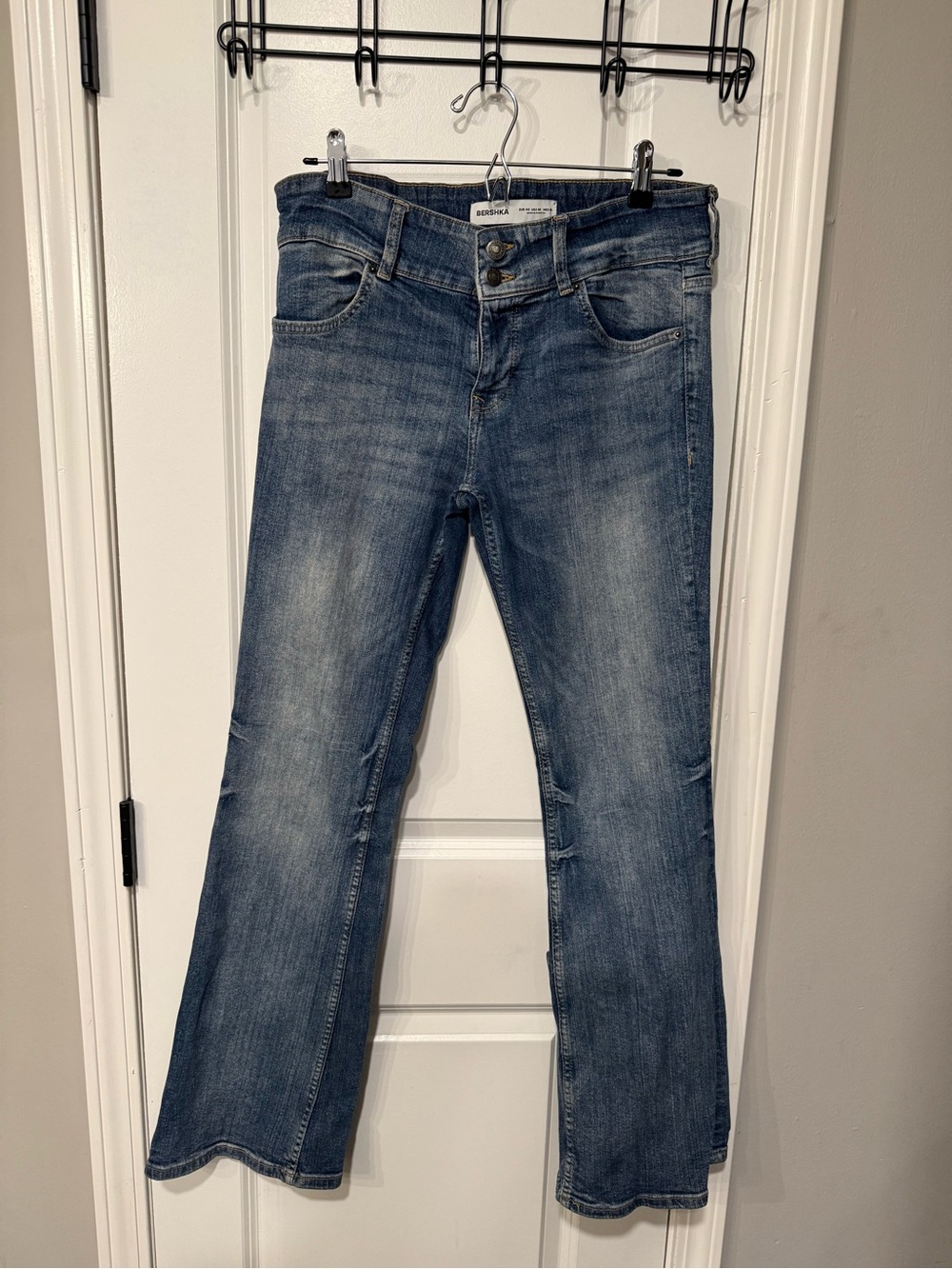 Bershka Low-Rise Bootcut Jeans in Faded Blue